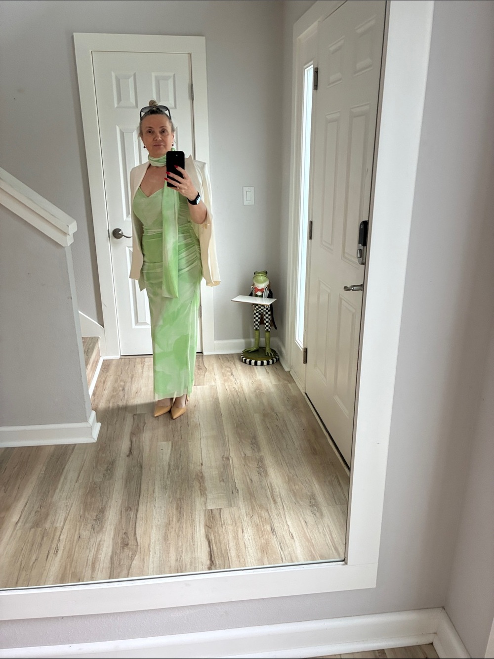 Zara Light Green Satin Slip Dress with Scarf